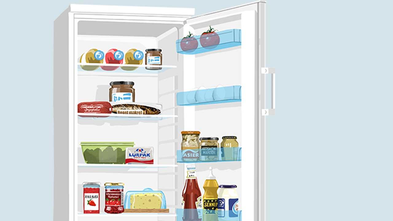 Illustration af fyldt køleskab med danske madvarer. Tegnet af Rasmus Juul