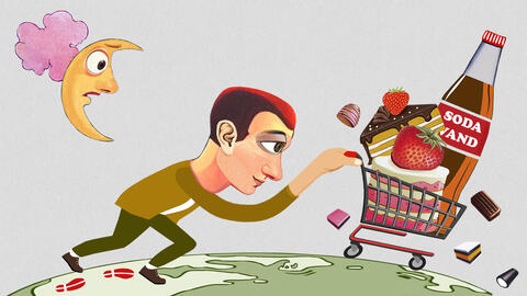 Illustration af mand der skubber indkøbsvogn fuld af søde sager