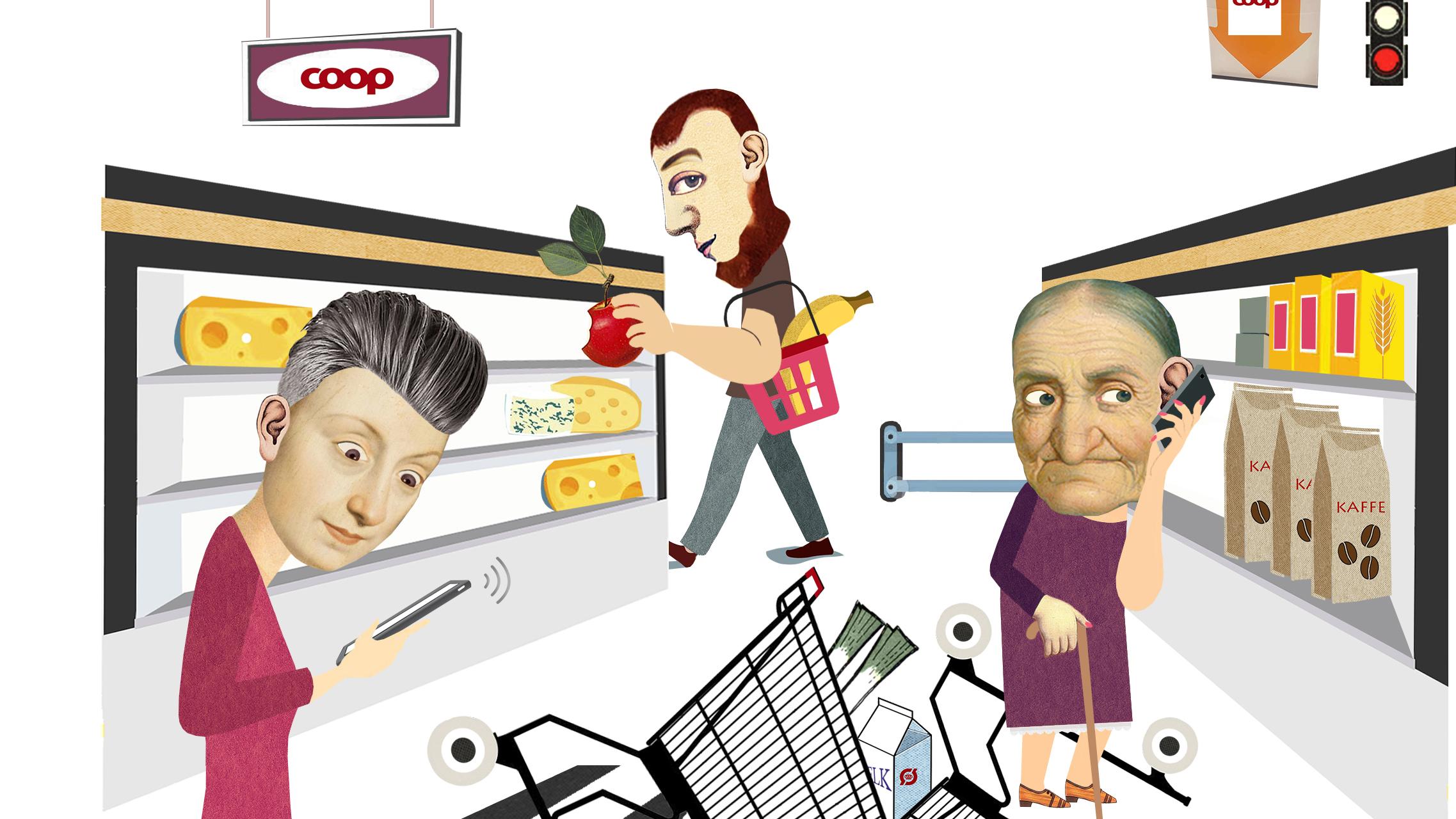Illustration af kunder og kaos mellem supermarkedets hylder. 