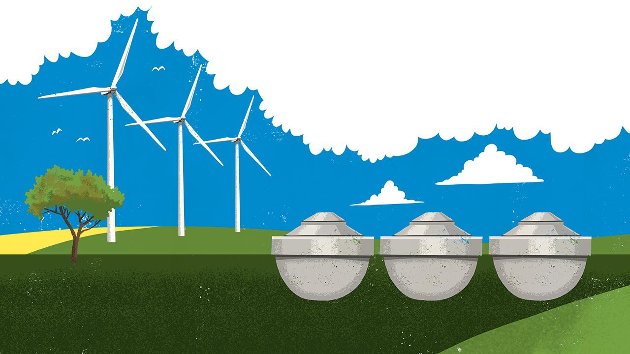 Illustration af vindmøller og energilager