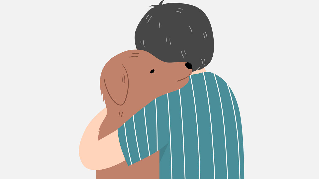 Illustration af dreng bagfra der krammer hund