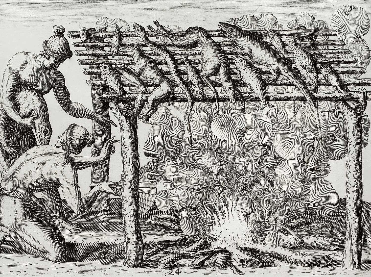 Tegning af, hvordan man oprindeligt har grillet i Amerika for mere end 400 år siden