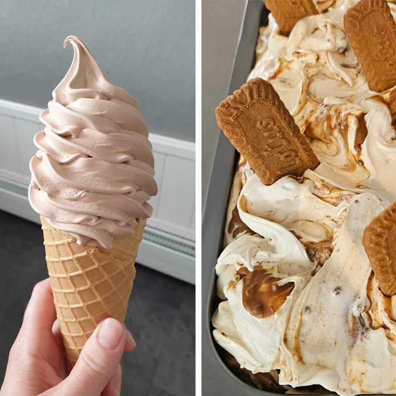 2 billeder: et med en softice og et med en is med biscoff kiks smag 