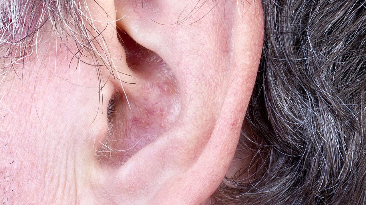 Nærbillede af ældre mands øre med hår på