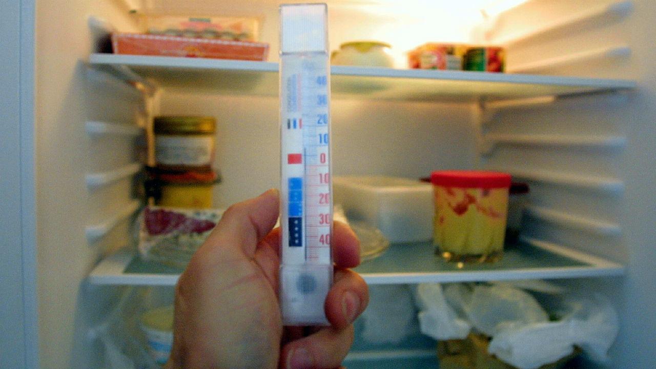 Termometer holdes foran åbent køleskab